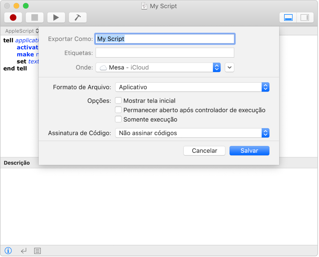 Diálogo de Exportação mostrando o menu local Formato de Arquivo, com Script selecionado e outras opções que podem ser definidas ao salvar o script.
