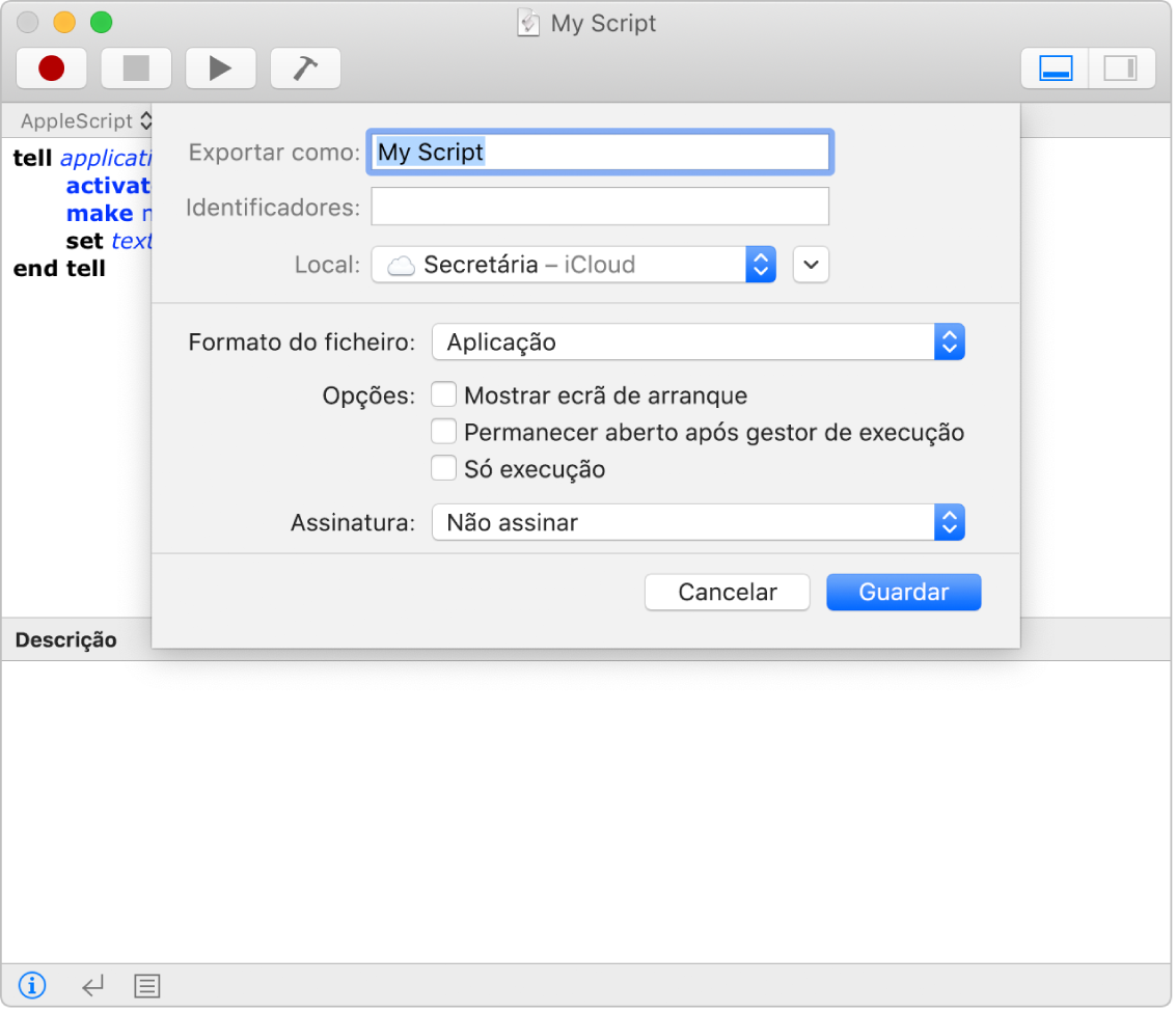 A caixa de diálogo Exportar a mostrar o menu pop-up “Formato de ficheiro” com a opção Script selecionada, assim como as opções que pode definir ao guardar o script.
