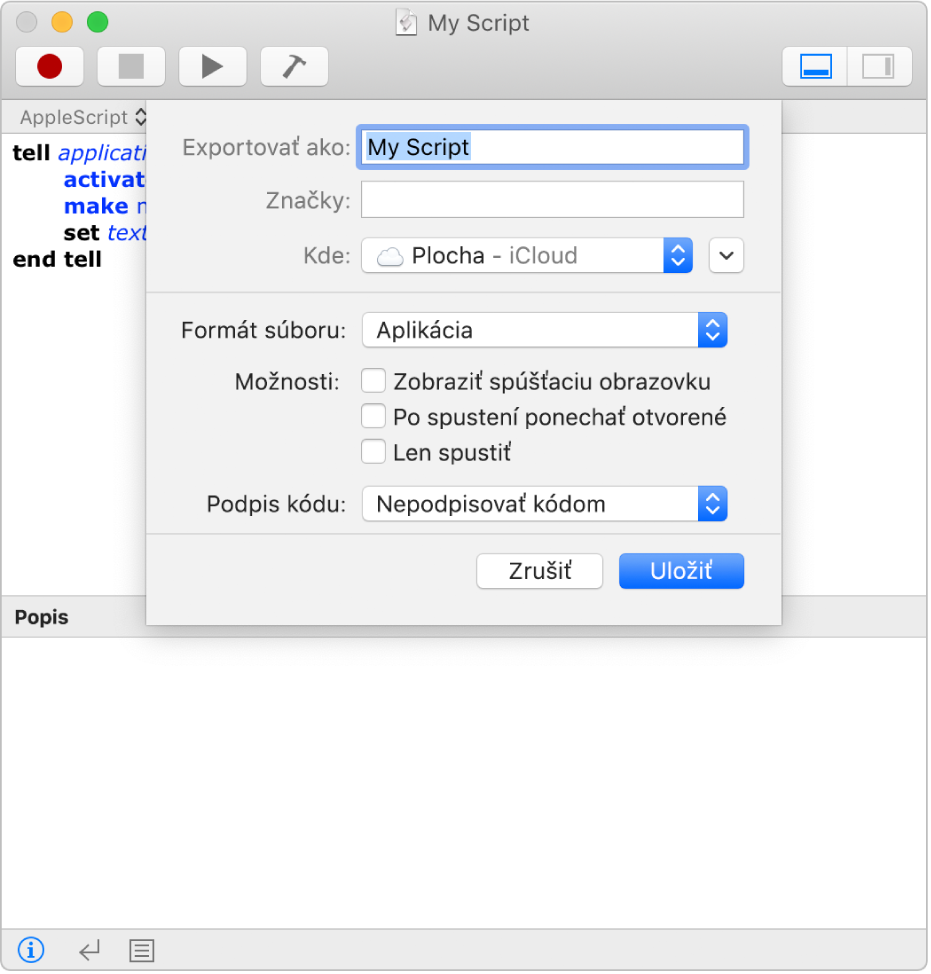Dialógové okno Export zobrazujúce vyskakovacie menu Formát súboru s vybratou možnosťou Skript a možnosťami, ktoré je možné nastaviť pri ukladaní skriptu.