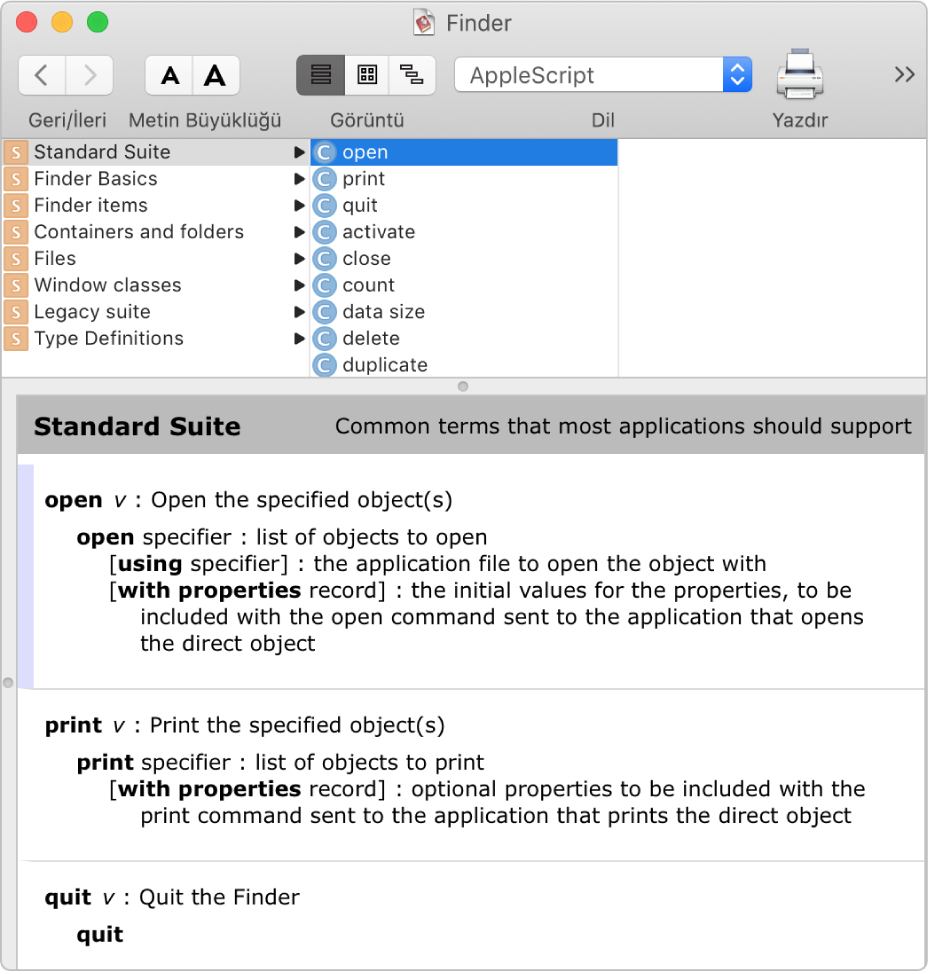 Finder için AppleScript sözlüğü.