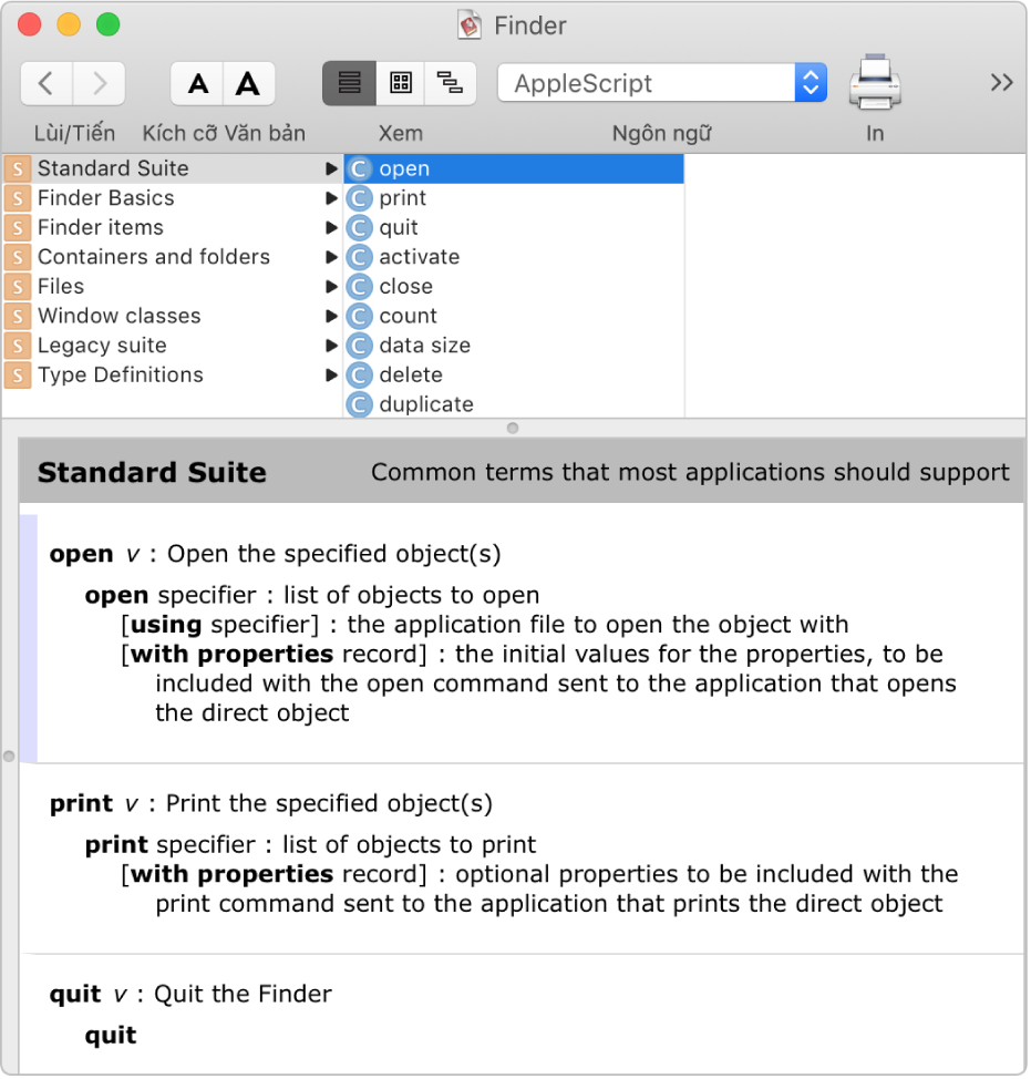 Từ điển AppleScript cho Finder.