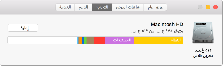 جزء التخزين في معلومات النظام، ويعرض تمثيلاً بيانيًا لمساحة التخزين لديك.