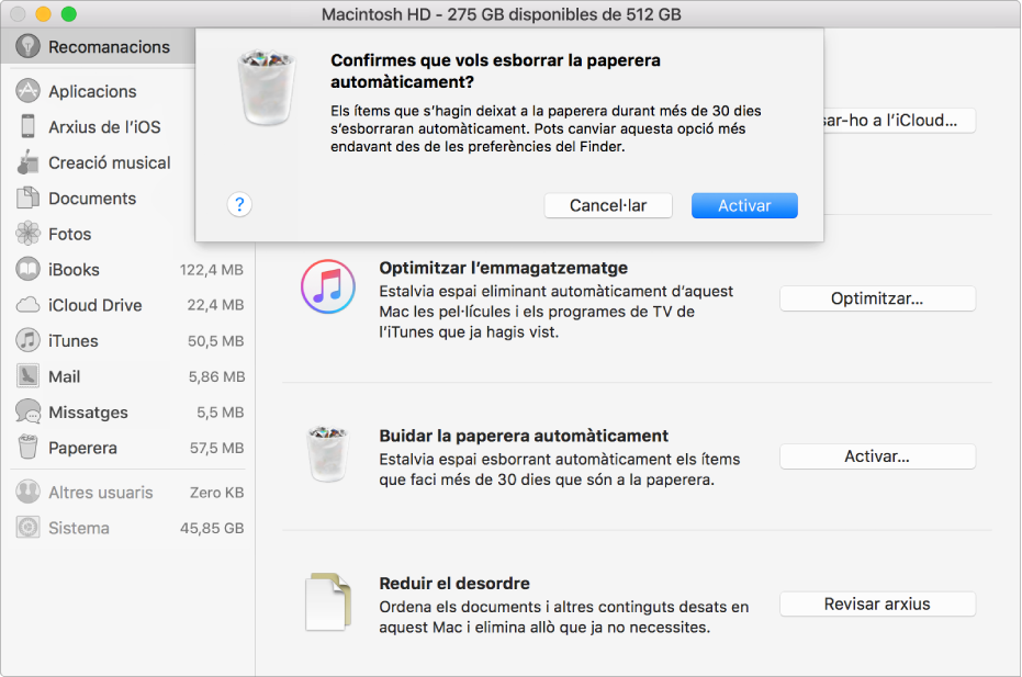 Quadre de diàleg “Confirmes que vols esborrar la paperera automàticament?” a la finestra de recomanacions d’emmagatzematge.