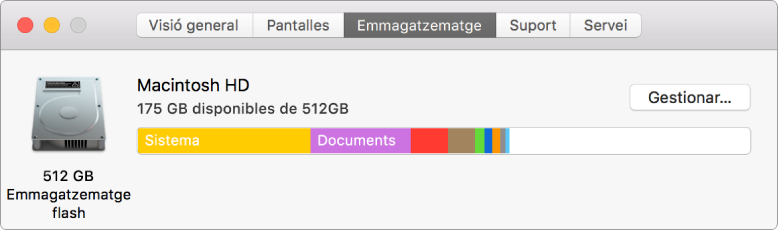 El tauler Emmagatzematge de la Informació del Sistema, que mostra una representació gràfica de l‘espai d‘emmagatzematge.