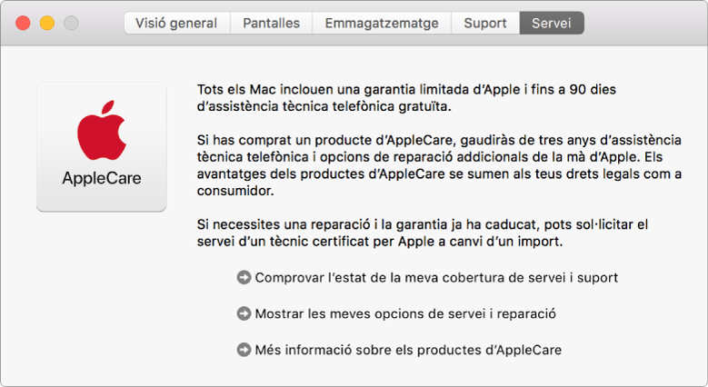 El tauler Servei de la Informació del Sistema, que mostra les opcions del servei AppleCare.