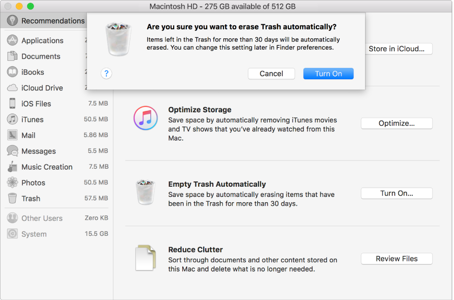 The “Are you sure you want to erase Trash automatically” dialog in the Storage Recommendations window.