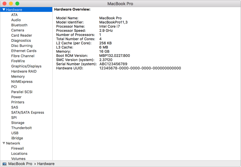 The Hardware specifications section of a System Report.