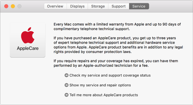 The Service pane in System Information, showing the AppleCare service options.