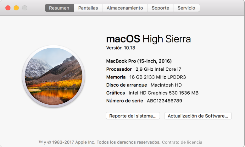 El panel Resumen de Información de Sistema muestra las especificaciones básicas del hardware y software, así como el número de serie de tu Mac.