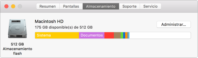 El panel Almacenamiento de Información del Sistema mostrando una representación gráfica del almacenamiento.