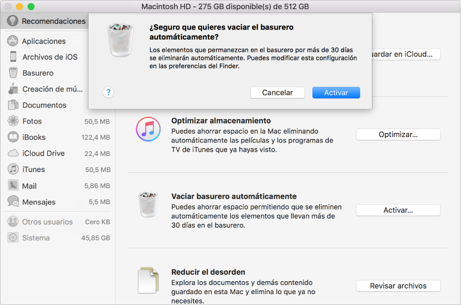 El cuadro de diálogo "¿Seguro que quieres vaciar el basurero automáticamente?" en la ventana Recomendaciones de almacenamiento.