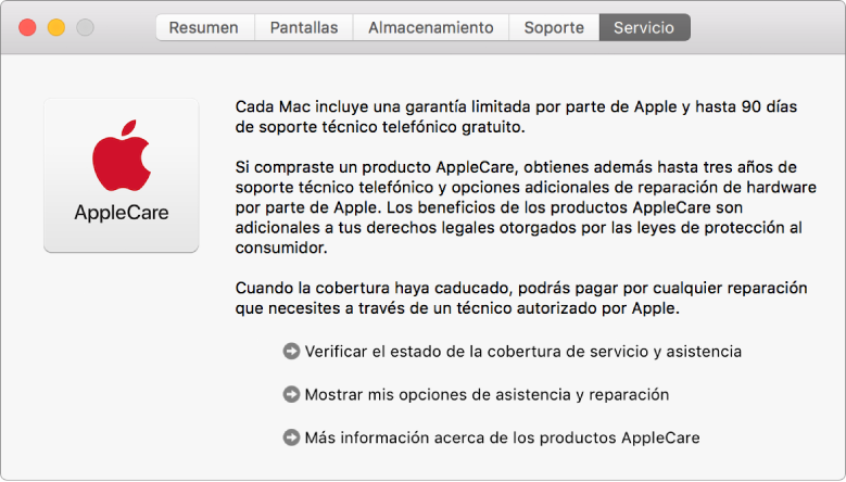 El panel Servicio de Información del Sistema mostrando opciones de servicio de AppleCare.