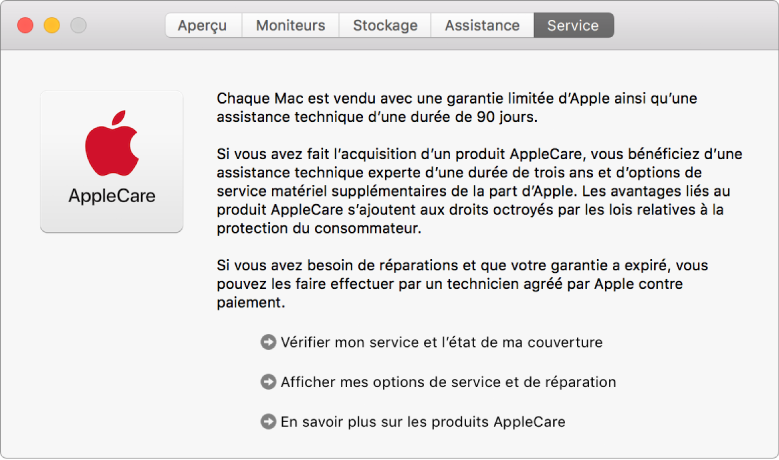 Sous-fenêtre Service d’Informations système, affichant les options de service AppleCare.