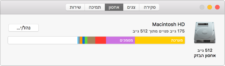 החלונית ״אחסון״ ב״נתוני המערכת״, מראה ייצוג גרפי של שטח האחסון.