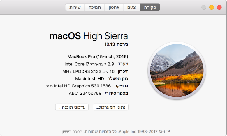 החלונית ״סקירה״ ב״נתוני המערכת״ מציגה מפרטים בסיסיים של החומרה והתוכנה ואת המספר הסידורי של ה-Mac.