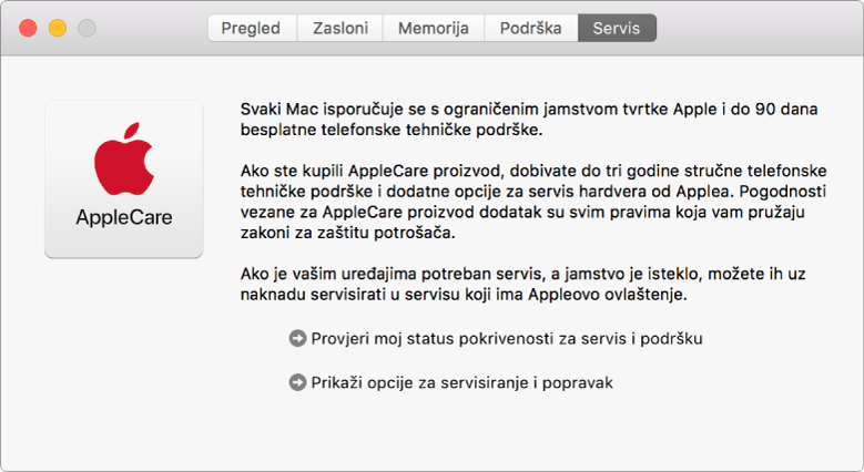 Prozor Usluge u Informacijama o sustavu koji prikazuje opcije usluge AppleCare.