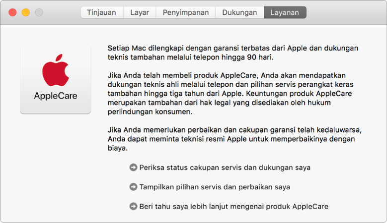 Panel Layanan di Informasi Sistem, menampilkan pilihan layanan AppleCare.