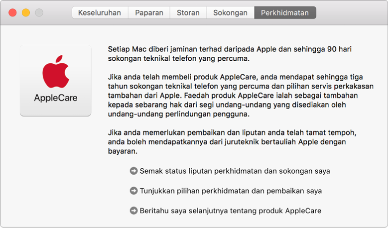 Anak tetingkap Perkhidmatan dalam Maklumat Sistem menunjukkan pilihan perkhidmatan AppleCare.