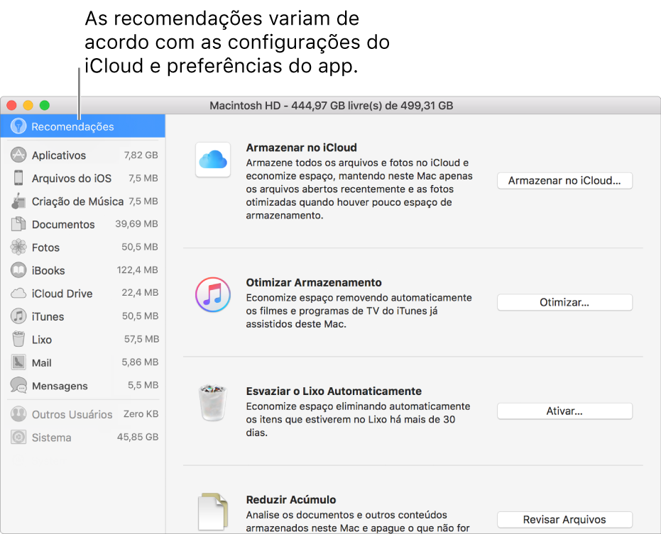 Recomendações de otimização de armazenamento no painel Armazenamento.