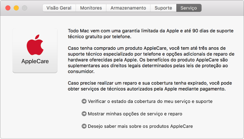 Painel Serviço das Informações do Sistema mostrando as opções de serviço AppleCare.