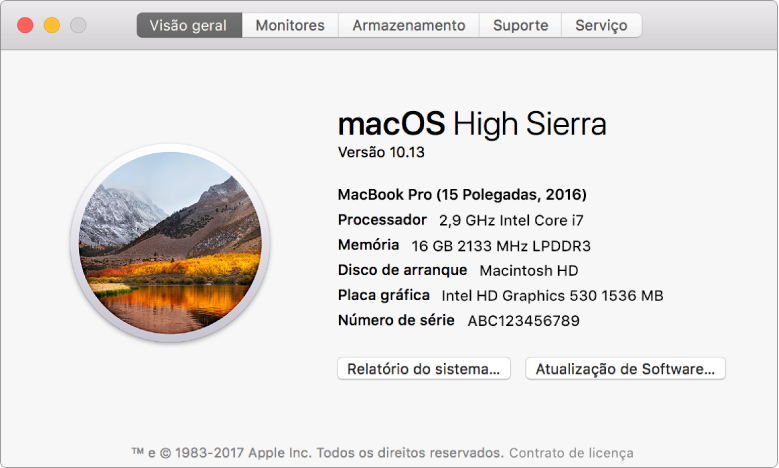 O painel “Visão geral” na Informação do Sistema mostra as especificações básicas de hardware e software, assim como o número de série do seu Mac.