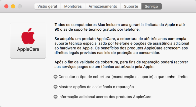 O painel Serviço, na Informação do Sistema, a mostrar as opções de assistência AppleCare.