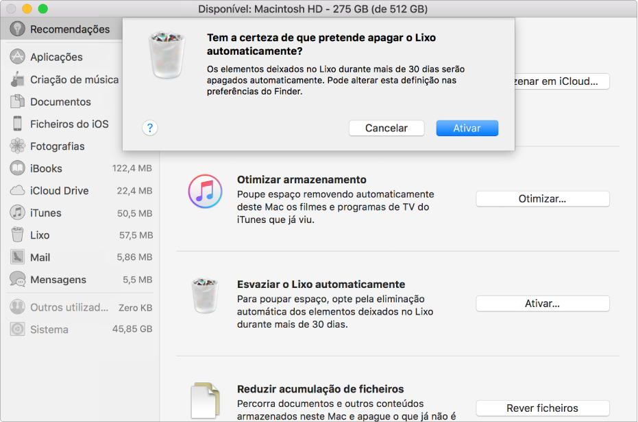 A caixa de diálogo “Tem a certeza de que pretende apagar o Lixo automaticamente” na janela de recomendações de armazenamento