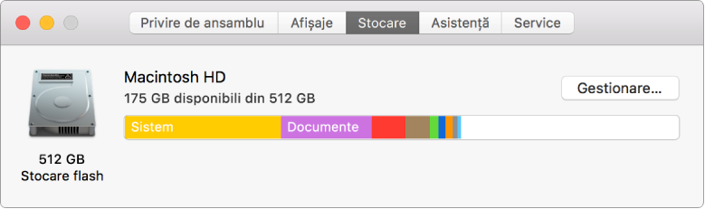 Panoul Stocare din Informații sistem, prezentând o reprezentare grafică a spațiului dvs. de stocare.