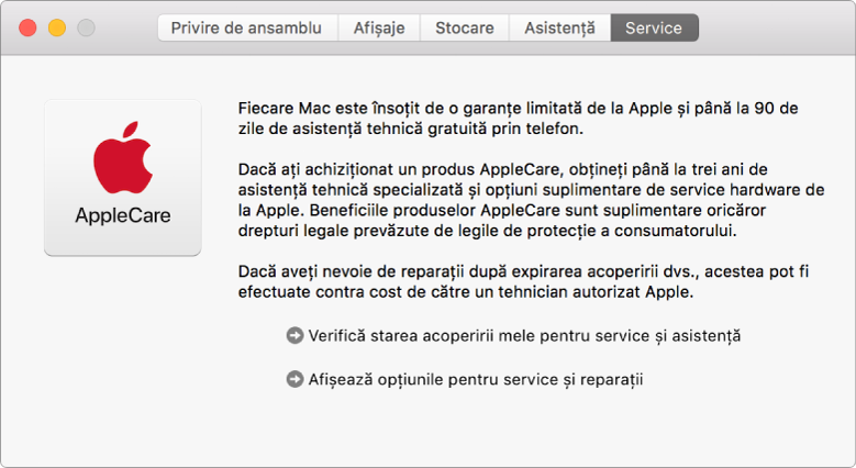 Panoul Service din Informații sistem, prezentând opțiunile de service AppleCare.