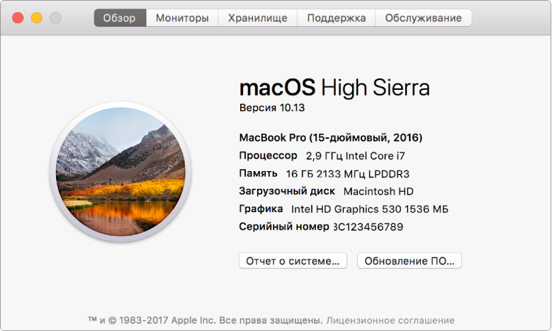 Панель «Обзор» в программе «Информация о системе». Показаны основные спецификации оборудования и программного обеспечения, а также серийный номер Mac.