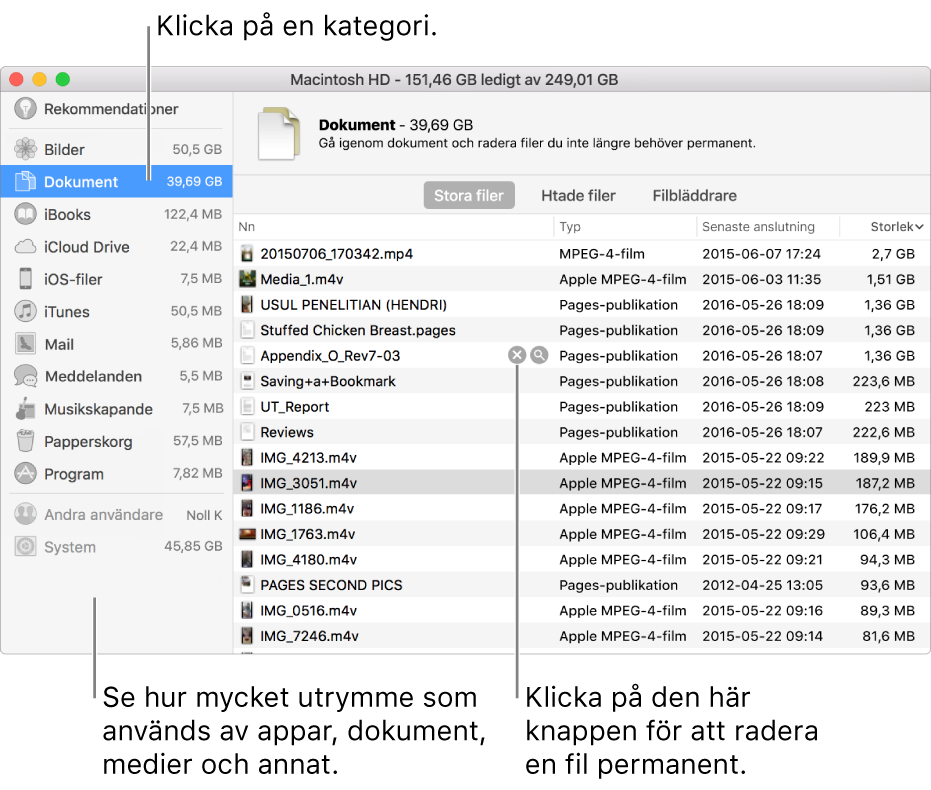 Sortera genom filkategorier för att se hur mycket utrymme som används, hitta filer och radera filer du inte längre behöver.