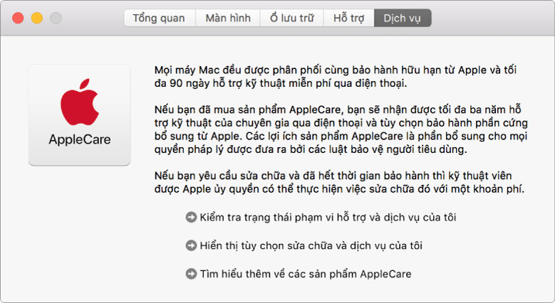 Khung Dịch vụ trong Thông tin hệ thống, đang hiển thị tùy chọn dịch vụ AppleCare.