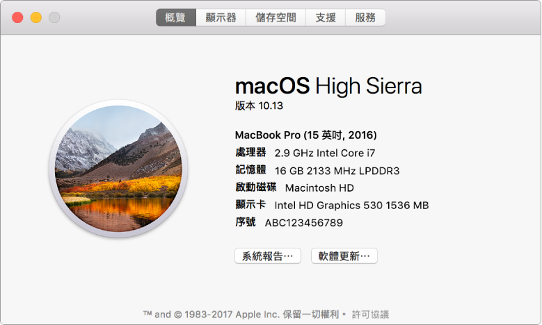 「系統資訊」中的「概覽」面板顯示 Mac 的基本硬體和軟體規格，以及序號。