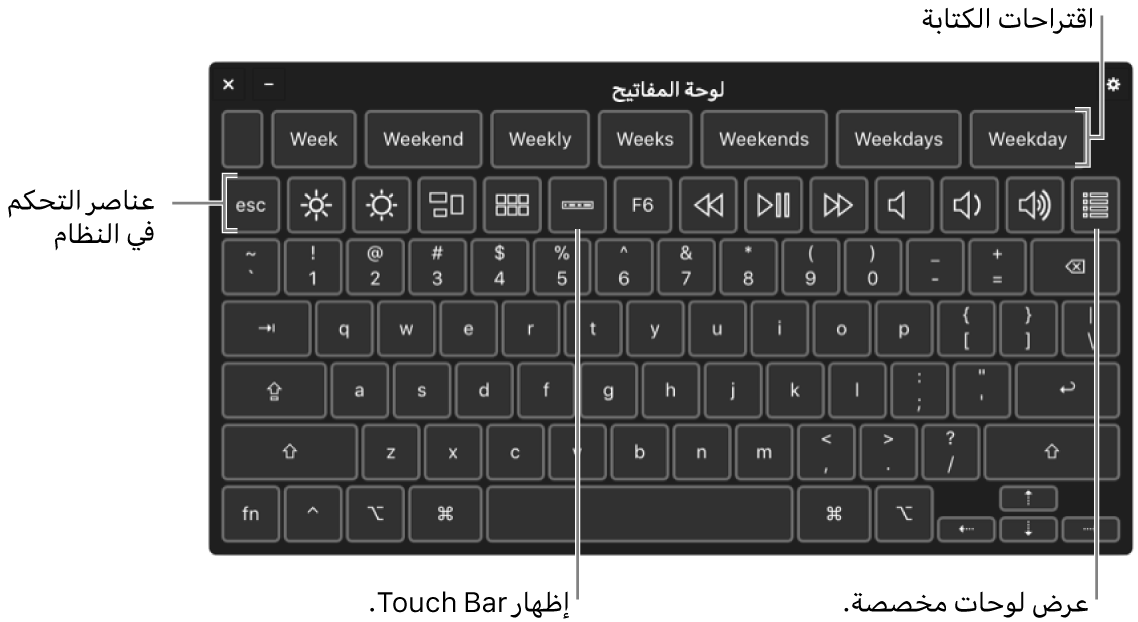 لوحة مفاتيح إمكانية الوصول مع اقتراحات الكتابة في الجزء العلوي. فيما يلي صف من الأزرار الخاصة بعناصر التحكم في النظام للقيام بأشياء مثل ضبط سطوع شاشة العرض، إظهار Touch Bar على الشاشة، وإظهار لوحات مخصصة.
