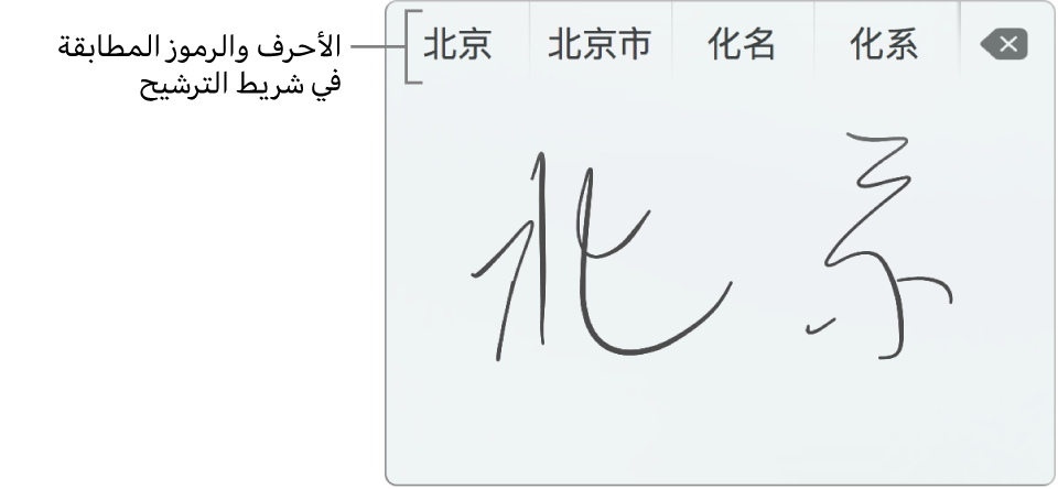 لوحة تعقب الكتابة اليدوية بعد كتابة بكين باللغة الصينية المبسطة. عندما تقوم برسم أشرطة على لوحة التعقب، فإن شريط المرشح (في الجزء العلوي من نافذة الكتابة باليد على لوحة التعقب) يُظهر أحرف ورموز متطابقة ممكنة. اضغط على مرشح لتحديده.