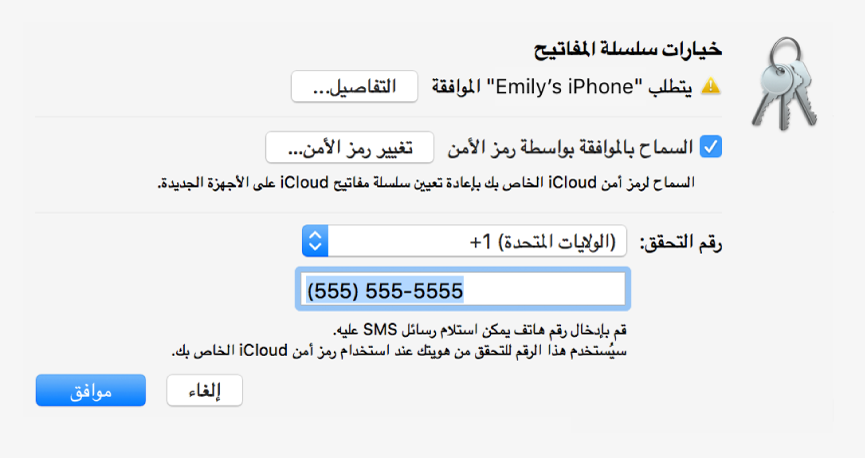 مربع الحوار خيارات سلسلة مفاتيح iCloud مع اسم الجهاز الذي يطلب الموافقة وزر التفاصيل بجواره.