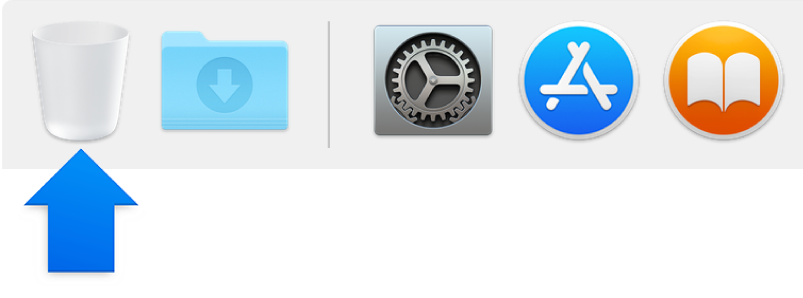 سهم أزرق يشير إلى أيقونة سلة المهملات في الـ Dock.