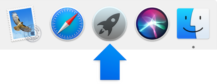 سهم أزرق يشير إلى أيقونة Launchpad في الـ Dock.
