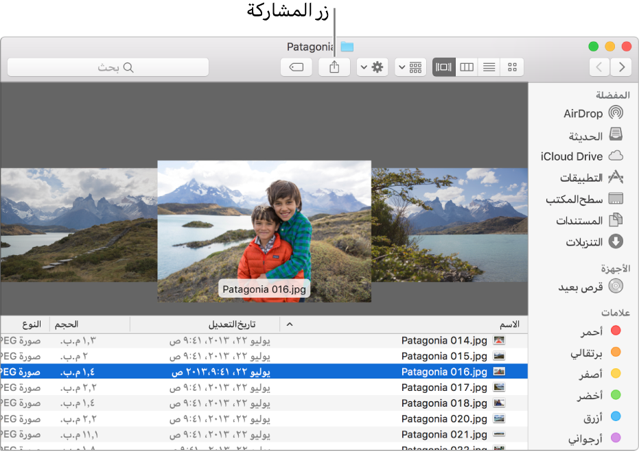 الزر مشاركة في شريط أدوات نافذة Finder.