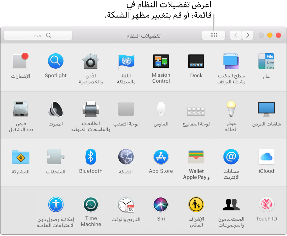 نافذة تفضيلات النظام وتُظهر شبكة من الأيقونات. انقر على زر إظهار الكل في شريط أدوات النافذة لعرض تفضيلات النظام بشكل قائمة، أو لتغيير مظهر الشبكة.