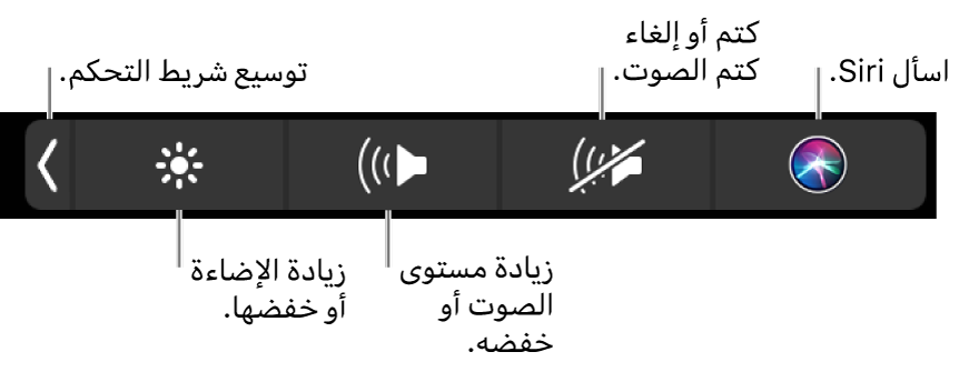 يتضمن الـ Control Strip المطوي أزرارًا—من اليسار إلى اليمين—لتوسيع الـ Control Strip، وزيادة أو خفض سطوع شاشة العرض ومستوى الصوت، وكتم أو إلغاء كتم الصوت، واسأل Siri.