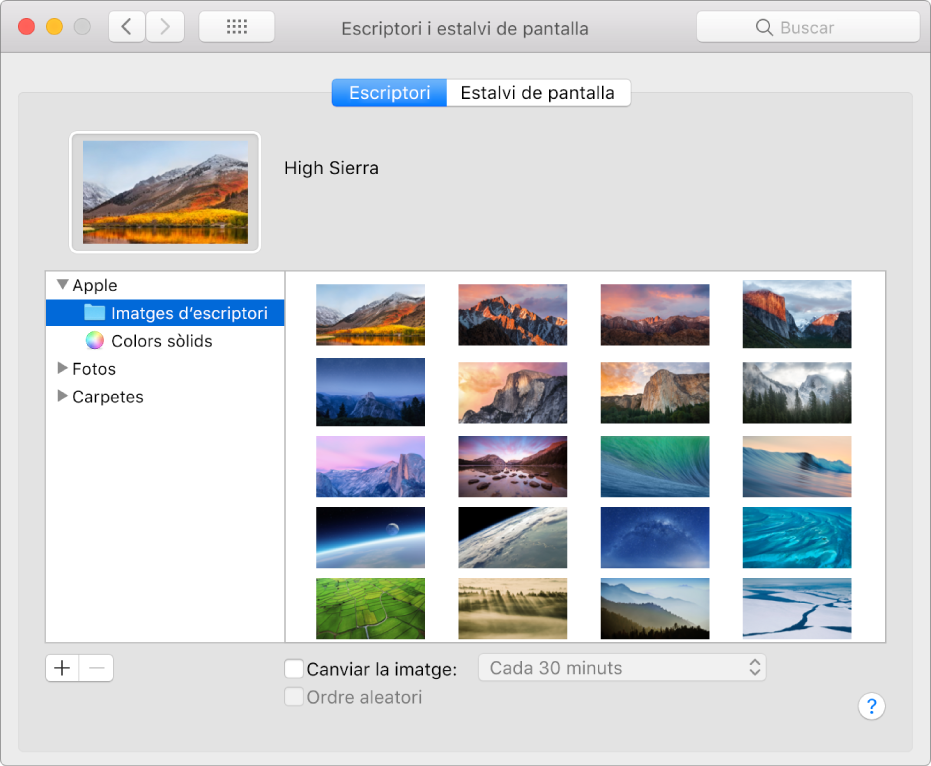 La secció Escriptori de les Preferències del Sistema.