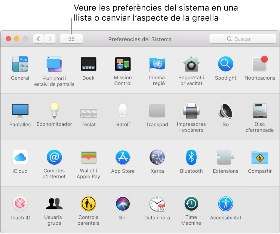 Finestra de Preferències del Sistema que mostra una retícula d’icones. Fes clic al botó “Mostrar‑ho tot” de la barra d’eines de la finestra per veure les preferències del sistema en forma de llista o canviar l’aspecte de la retícula.