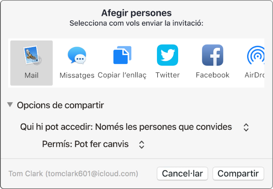 La finestra “Afegir persones”, amb apps que pots utilitzar per fer invitacions i opcions per compartir documents.