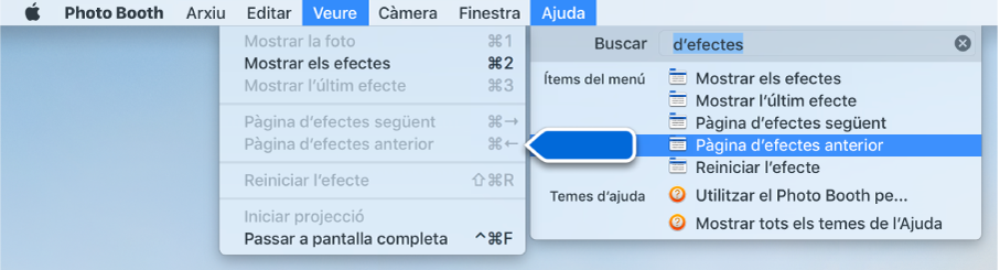 El menú Ajuda Photo Booth, amb un resultat de cerca d‘una opció de menú seleccionada i una fletxa que l‘assenyala als menús de l‘app.