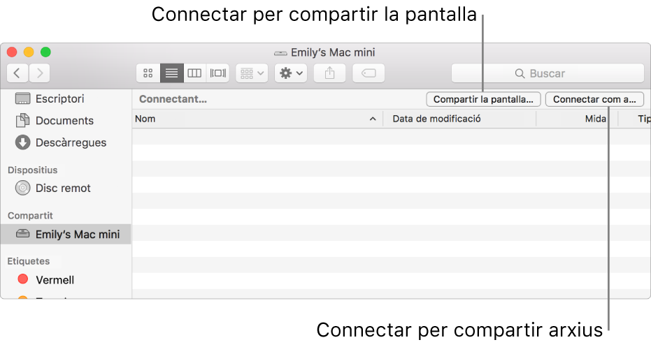La secció Compartit de la barra lateral del Finder, amb un Mac seleccionat.