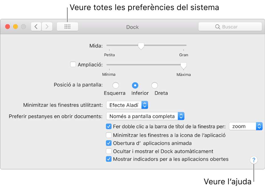 Fes clic a “Mostrar-ho tot” per veure totes les icones de preferències. Fes clic al botó del signe d’interrogació per veure l’ajuda del tauler.