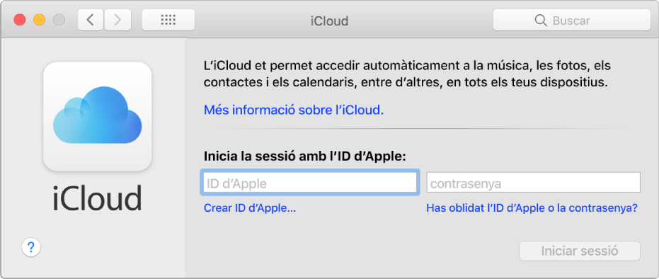 Preferències de l’iCloud, a punt per a la introducció del nom i la contrasenya d‘un ID d’Apple.