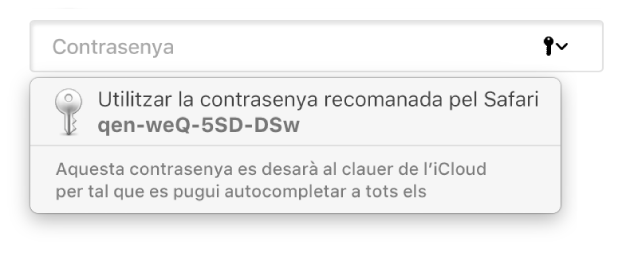 Un suggeriment de contrasenya del Safari que indica que es desarà al clauer de l’iCloud de l’usuari i estarà disponible per a la funció Autocompletar als dispositius de l’usuari.