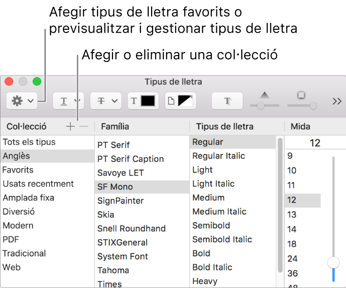 A la finestra “Tipus de lletra” pots afegir o eliminar col·leccions ràpidament, canviar el color de la lletra o fer accions com previsualitzar o gestionar els tipus de lletra o afegir-los als Favorits.